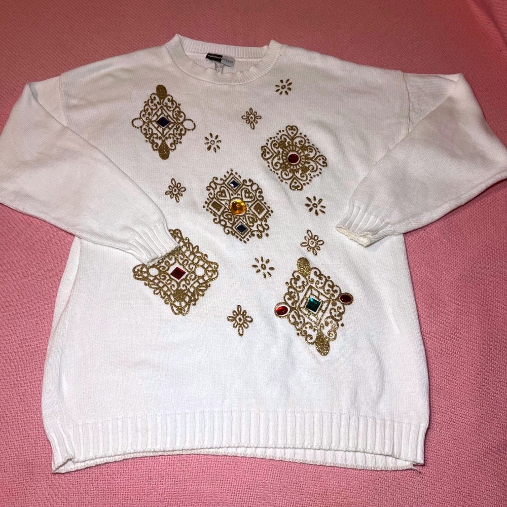 Vintage Beldoch Popper White Cotton Sweater Gold Glitter Jewels USA Womens Large